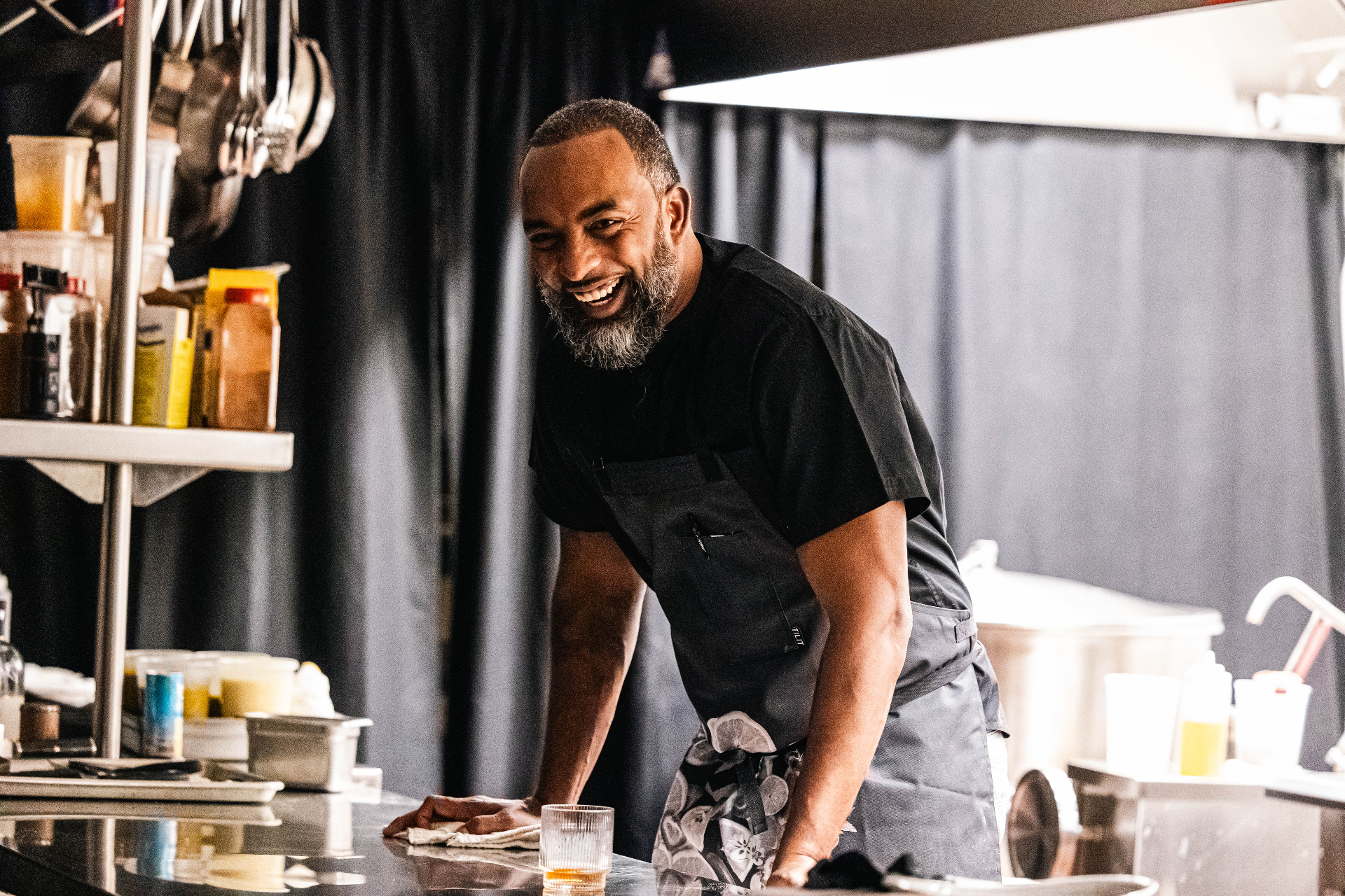 Chef Scotley Innis in the kitchen